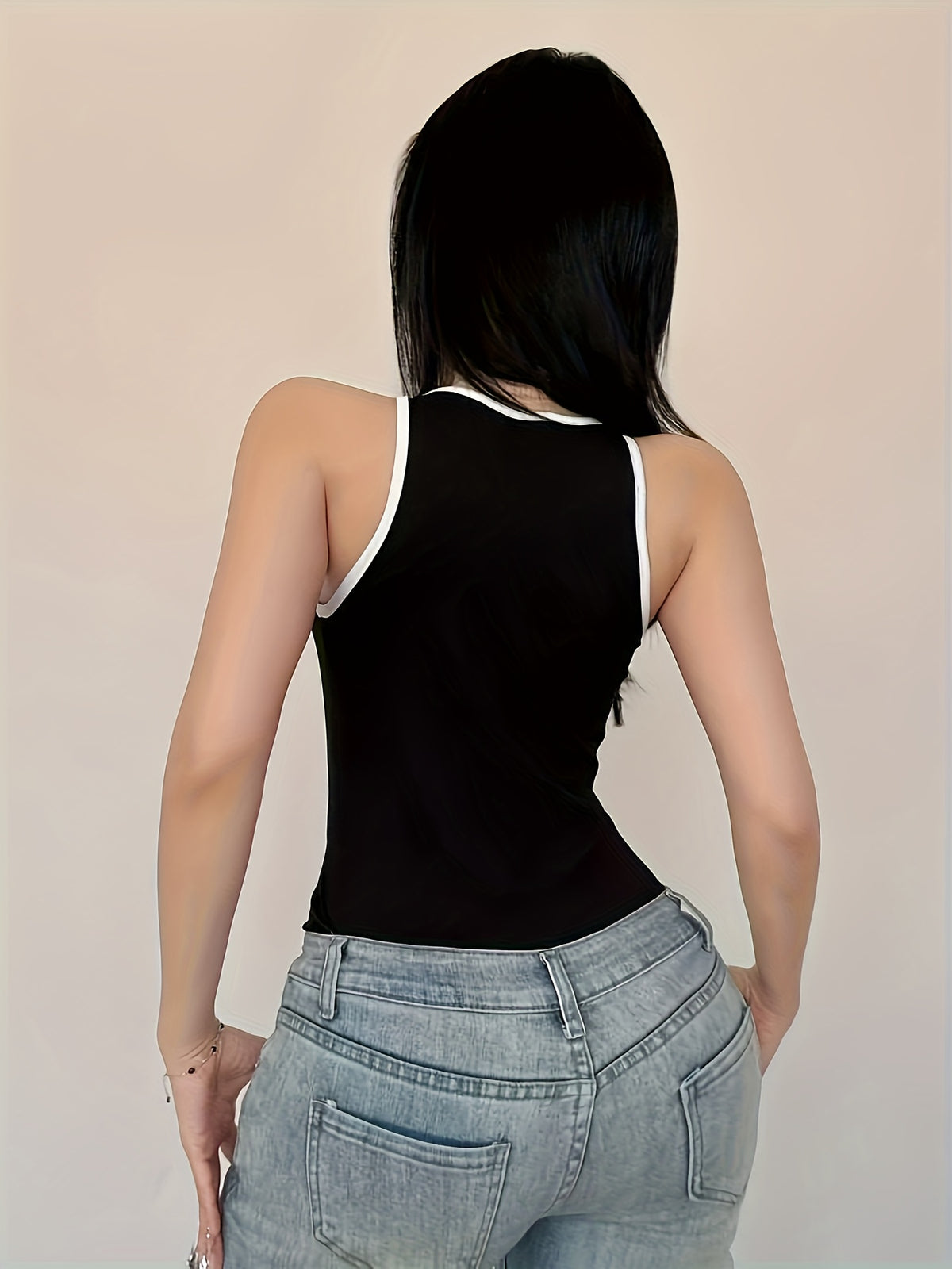 Color-Blocking Casual Bodysuit (8125) - Black