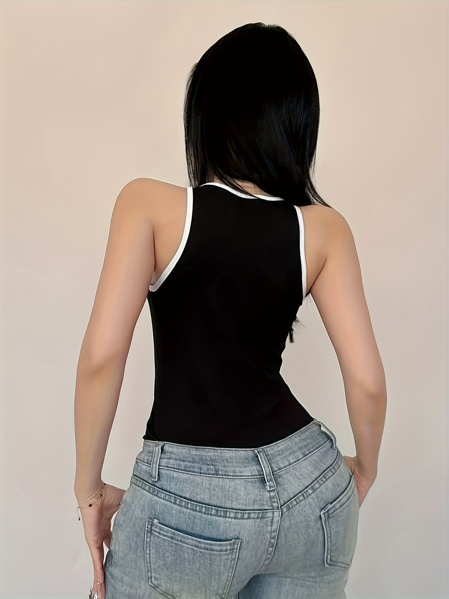Color-Blocking Casual Bodysuit (8125) - Black