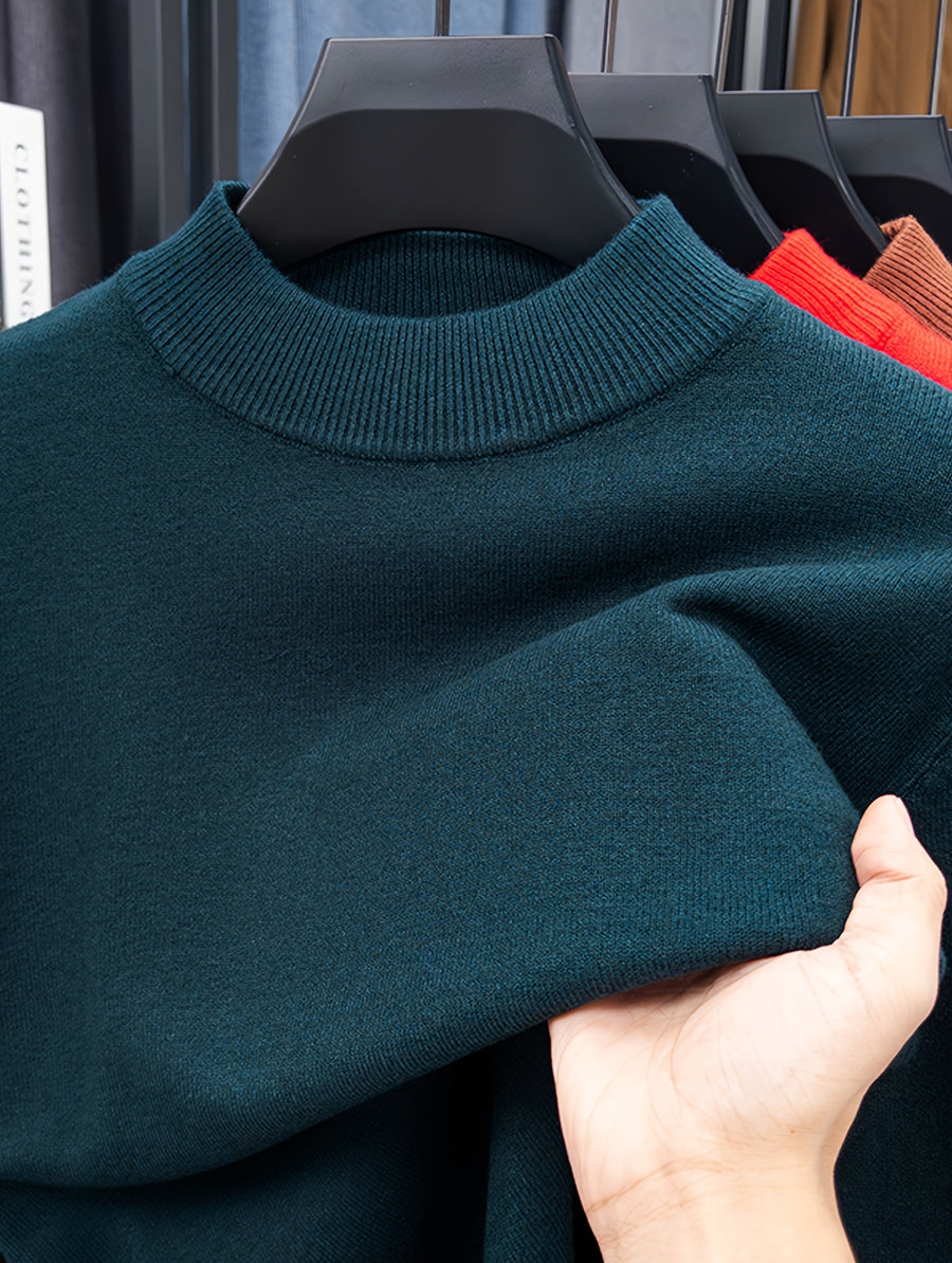 Men's Solid Color Half-Turtleneck Sweater, Available in Multiple Colors, Ribbed Cuffs, Simple Basic Style, Business Casual for Autumn/Winter, Slim Fit Commuter Base Layer Knit Top - Dark Green