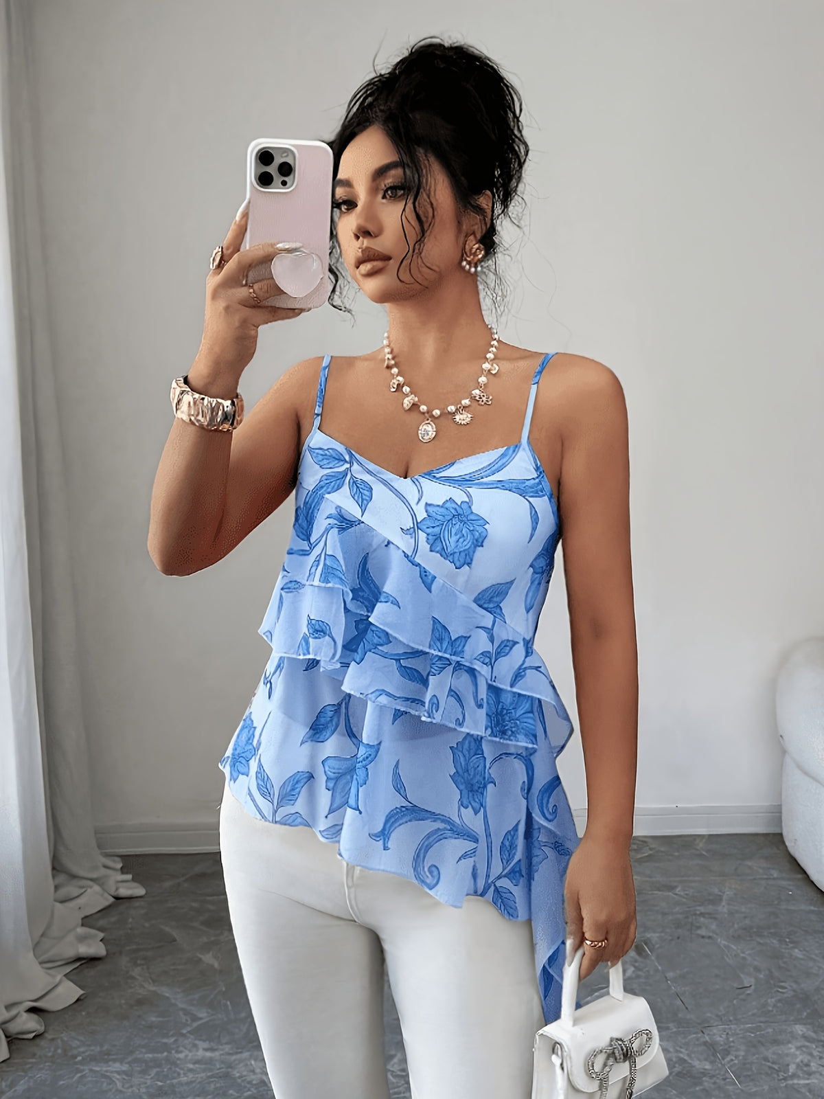 2026 Summer New Pink Floral Ruffled Camisole Women'S Summer Irregular Hem Body-Shaping Thin Chiffon Top Hot Top - Vibrant Blue