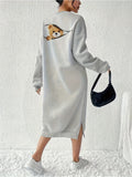 [Full Version] Women'S Cute Bear Print Long Sleeve Casual Straight Dress, Fall Winter, Long Sleeve Fashion Sweatshirt [Circle] Targeted - Grey