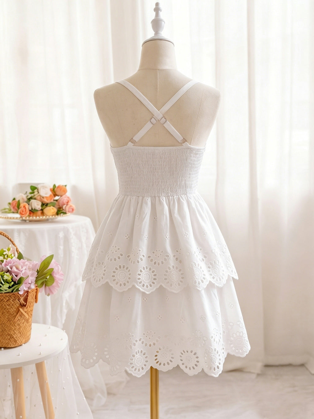 Elegant V-Neck Smocked Waist Adjustable Cross Shoulder Straps Hollow Embroidery Double Layer Cake Dress, Niannian Women'S Wear - Milky