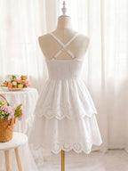 Elegant V-Neck Smocked Waist Adjustable Cross Shoulder Straps Hollow Embroidery Double Layer Cake Dress, Niannian Women'S Wear - Milky