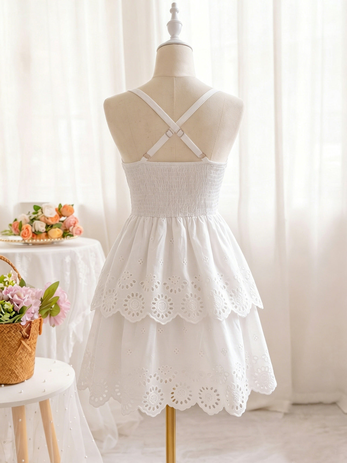 Elegant V-Neck Smocked Waist Adjustable Cross Shoulder Straps Hollow Embroidery Double Layer Cake Dress, Niannian Women'S Wear - Milky