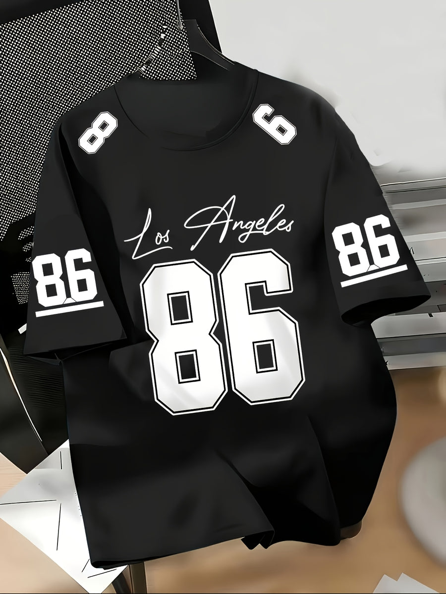 Women's Los Angeles No.86 American Football Jersey T-Shirt - Short Sleeve Crew Neck Pullover with Number 86 Print, Casual Swear Suitable for Football Fans, Machine Washable Apparel - Black