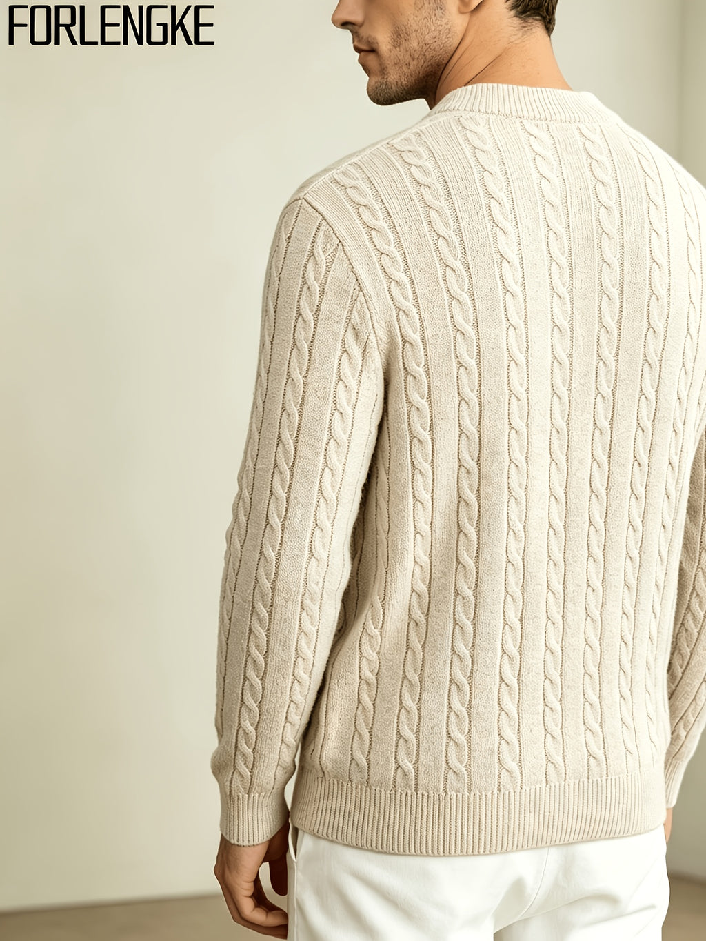 FORLENGKE 2026 New Men's Business Casual Crew Neck Cable Knit Sweater, Soft Warm Long Sleeve Pullover for Fall Winter Office, Daily & Outdoor Wear - Apricot