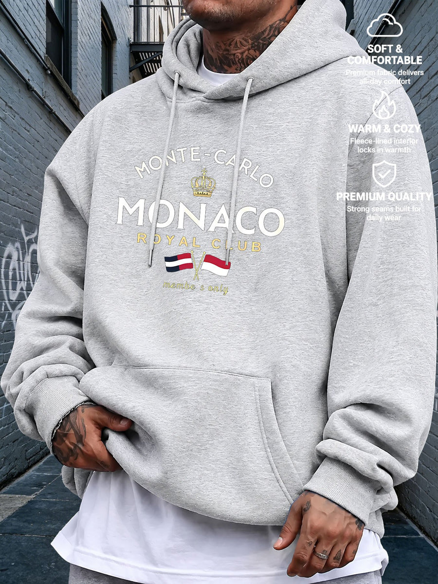 Men's Hooded Sweatshirt MONTE-CARLO Monaco Print European and American Urban Style Mature Men's Top - Light Grey