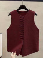 2026 New Women's Spring/Autumn New Chinese-Style Vintage Elegant Casual Solid Color Soft Sweater Vest Outerwear Jacket - Deep Red