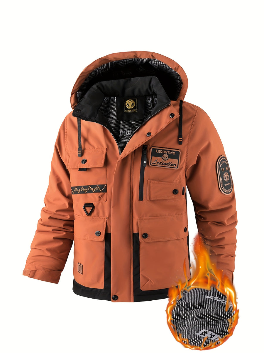 Men'S Autumn New Hooded Warm Coat | Casual Multi-Pocket Work Jacket with Detachable Hood And Zipper, Fiber, Regular Fit, Thick - Brick Red
