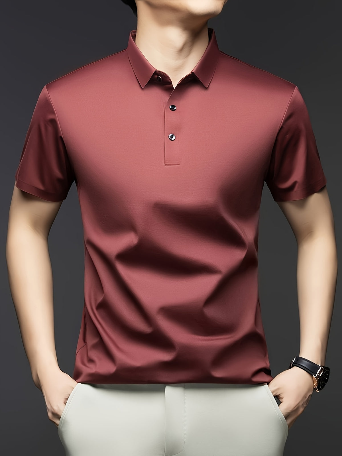 NERO POLO Summer Middle-Aged Men'S Short-Sleeved T-Shirt with Mulberry Solid Color Lapel Polo Shirt Short-Sleeved T-Shirt Men - Burgundy