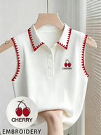 Women'S Sleeveless Polo Shirt, Cherry Embroidered Ribbed Top, Casual Button Collar Blouse - White