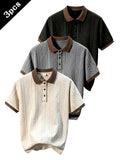 Father's Day, 3pcs Set, High-Quality Men's Short-Sleeve Lapel Casual Polo Shirts, Textured Striped Fabric, Soft, Skin-Friendly, Quick-Drying, Three-Dimensional Cut, Understated and Stylish. Suitable for Business Office, Outdoor Sports - Black+apricot+grey