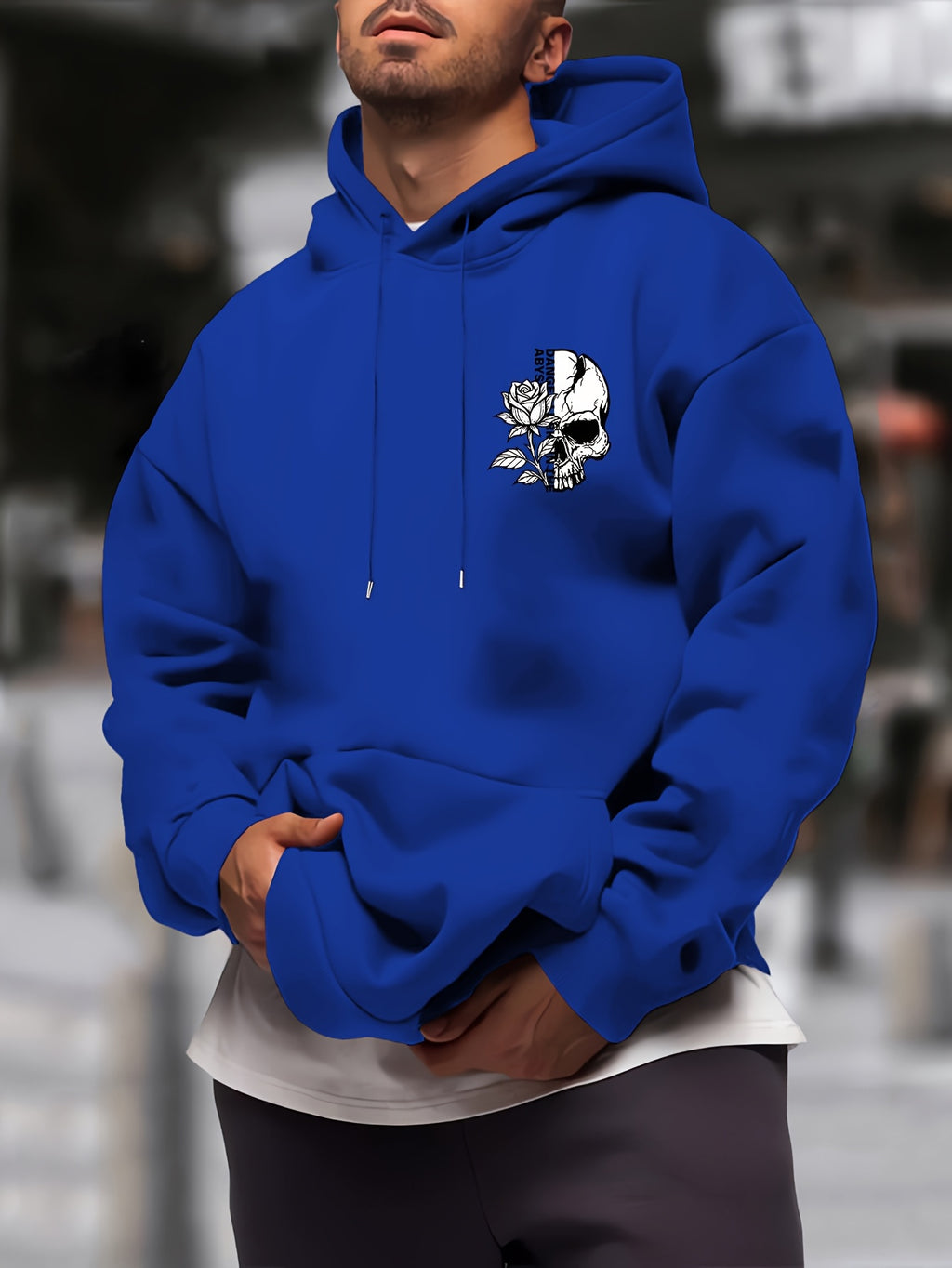 New Trendy Men'S Autumn And Winter Hooded Sweatshirt, Casual Everyday Drawstring Hoodie with Creative Design Print, Kangaroo Pouch Front Pocket, Unisex Tops - Blue