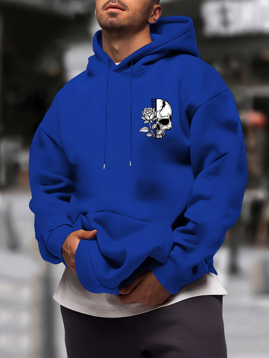 New Trendy Men'S Autumn And Winter Hooded Sweatshirt, Casual Everyday Drawstring Hoodie with Creative Design Print, Kangaroo Pouch Front Pocket, Unisex Tops - Blue