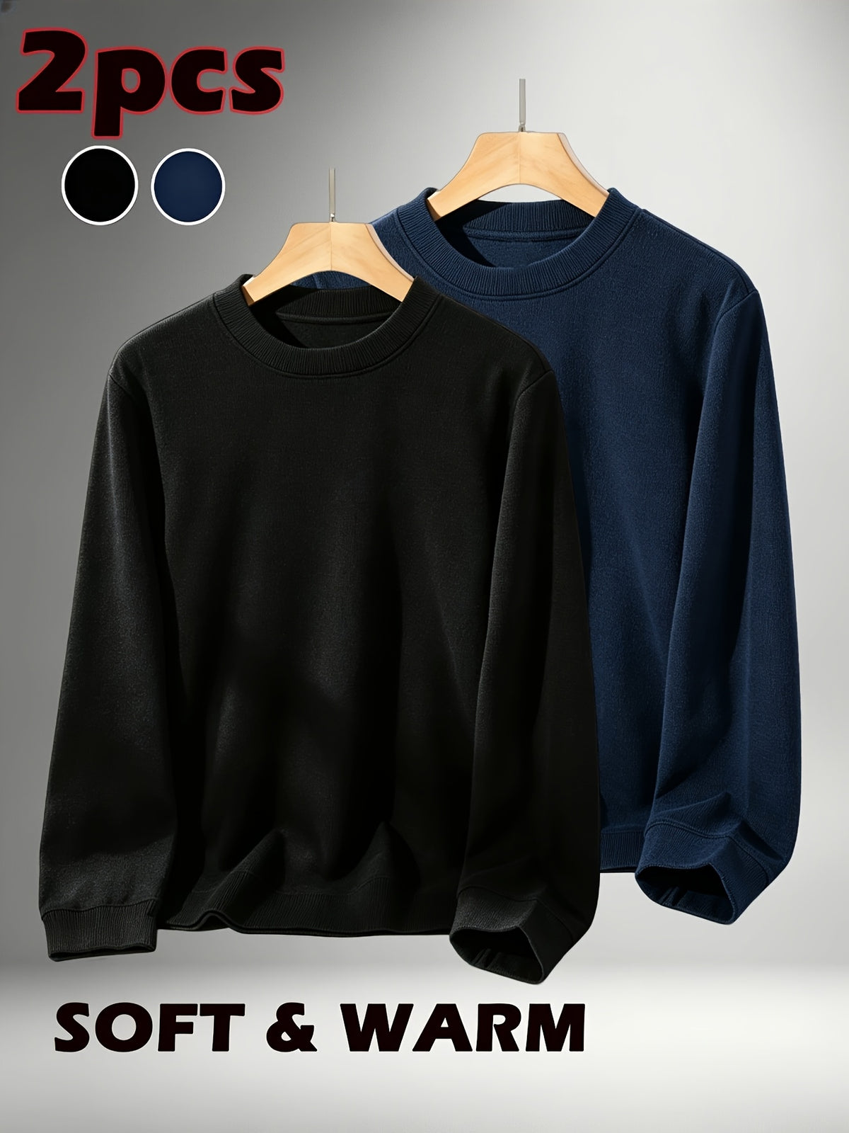 2pcs Set, Men'S Round Neck Knit Easy Long Sleeve Sweatshirt, Suitable for Daily Commute And Work, Home Leisure, Shopping Outings, Layering, Autumn And Winter - Black + Navy Blue