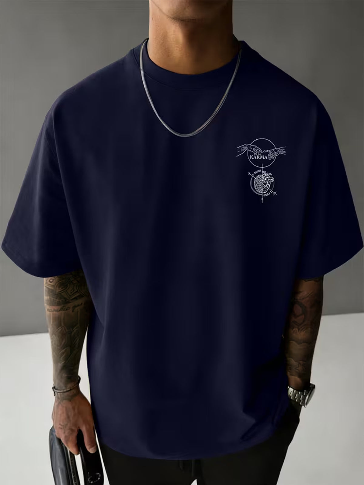 Causal Reincarnation Brain Heart Hand-Drawn Men'S Pure T-Shirt, Front And Back Double-Sided Genesis Hand, Half-Brain Heart Line English Print with Niche Dark Art Atmosphere, 100% Fabric Breathable And Skin-Friendly - Navy Color