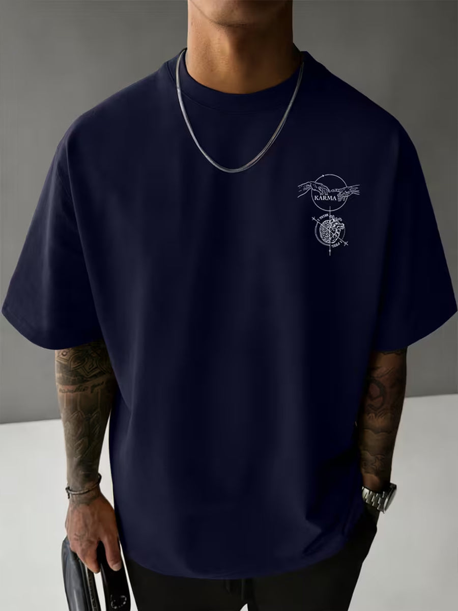 Causal Reincarnation Brain Heart Hand-Drawn Men'S Pure T-Shirt, Front And Back Double-Sided Genesis Hand, Half-Brain Heart Line English Print with Niche Dark Art Atmosphere, 100% Fabric Breathable And Skin-Friendly - Navy Color