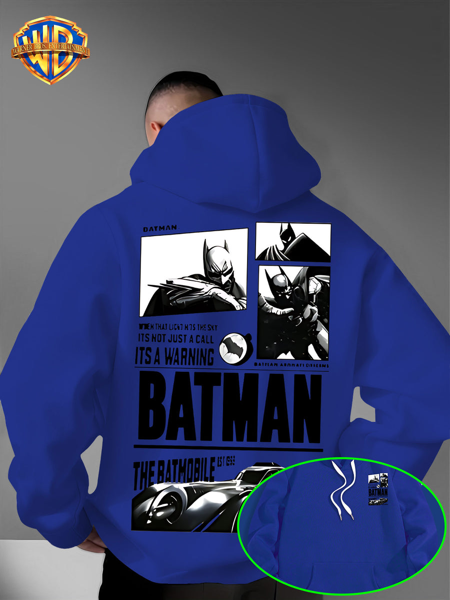 Warner Bros. Authorized American Dark Superhero Retro Batman Comic Poster Print Hooded Sweatshirt, with Adjustable Drawstring, Comfortable And Warm, Fashionable And Versatile Men'S Casual Sweatshirt, Suitable for Autumn And Winter Wear - Blue