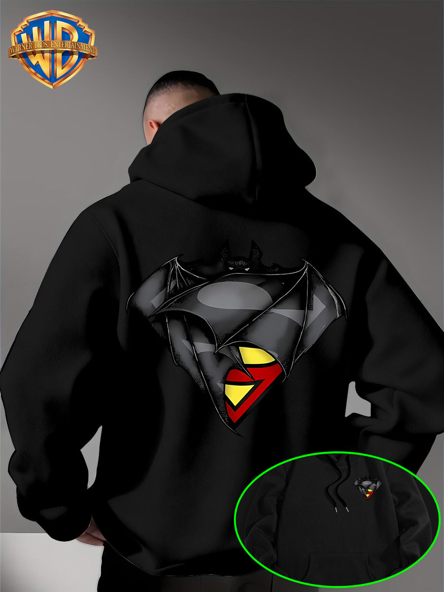 WB Warner Bros DC Official Justice League Superman-Batman Fusion Logo Hooded Sweatshirt - -Lined Hoodie Suitable for Men & Women, Unisex Couple's Gift, Adjustable Drawstring Hood, Iconic Logo Print for Casual Winter Wear, Machine Washable - Black