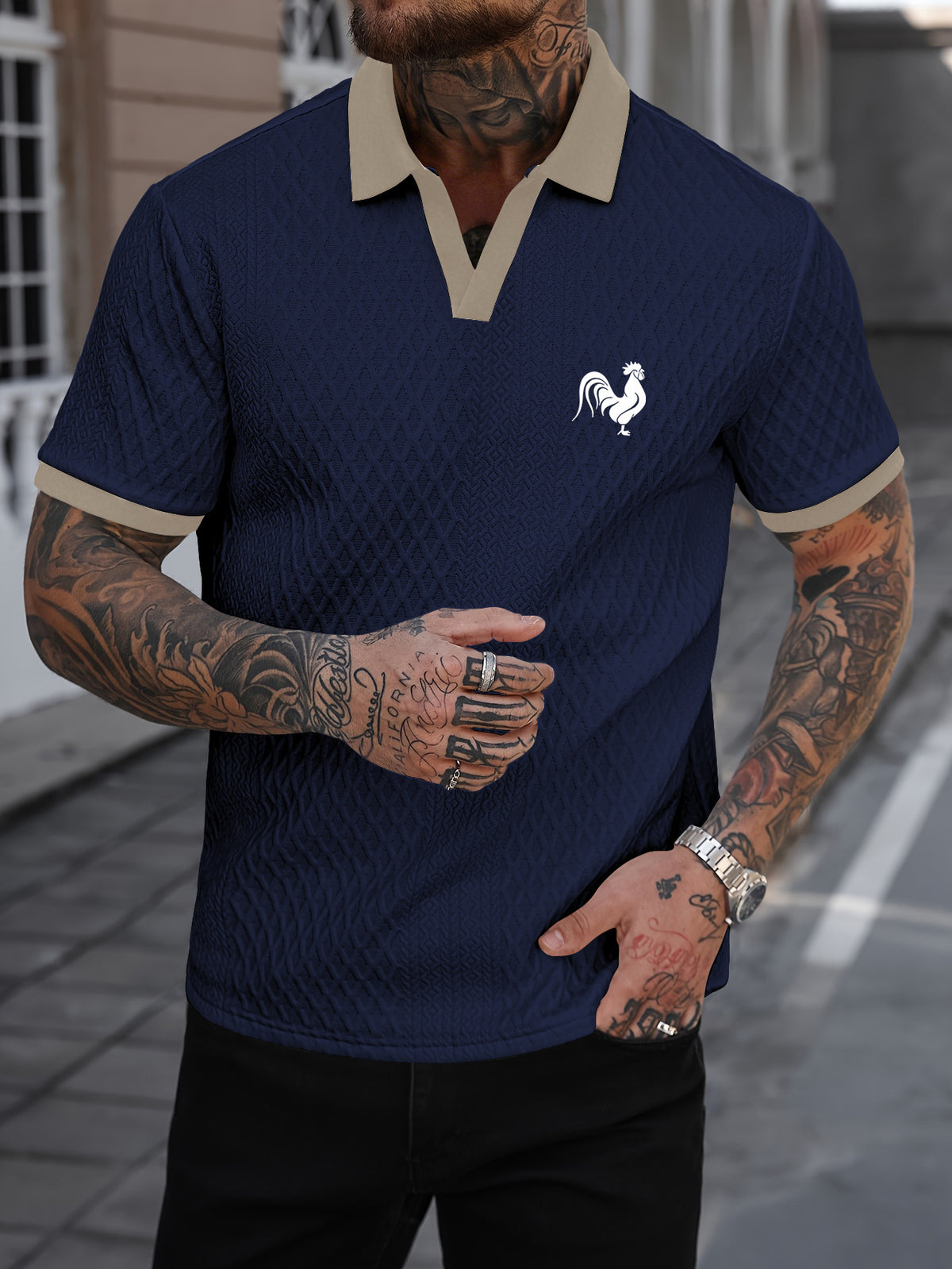 American Retro Polo Shirt Men'S Contrast Collar V-Neck Short Sleeve Textured Jacquard Casual Top (Random Texture) - Navy Color