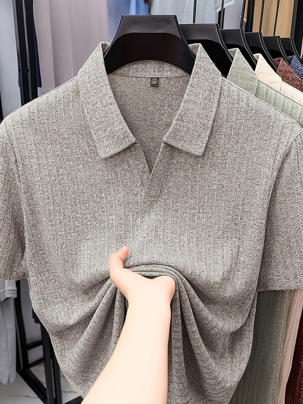 Old Money Aesthetic Vertical Ribbed Polo Sweater, Solid Color No-Button V-Neck Design, Commute Business/Casual Gathering Multi-Scene Short Sleeve Top, Light Athletic Non-Pick Body Men'S Top, Knit - Grey