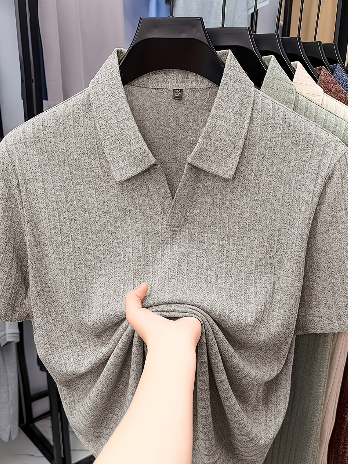 Old Money Aesthetic Vertical Ribbed Polo Sweater, Solid Color No-Button V-Neck Design, Commute Business/Casual Gathering Multi-Scene Short Sleeve Top, Light Athletic Non-Pick Body Men'S Top, Knit - Grey