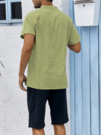 Men'S Summer Henley Collar Short Sleeve T-Shirt, Stand-Up Collar Casual Top, Breathable Linen, for Pool Parties, Beach Vacations, Ideal Choice for Beachwear Gifts - Green