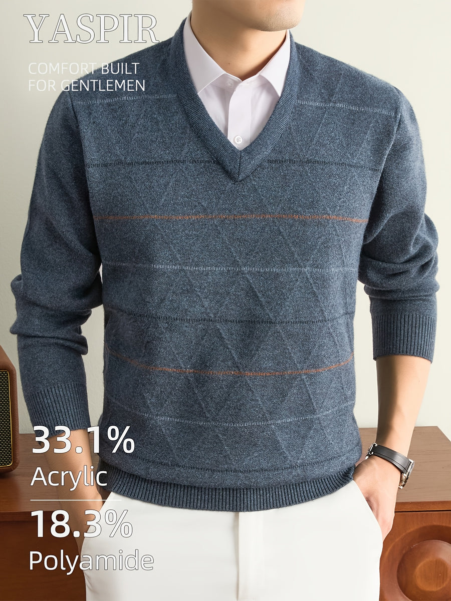 Autumn Winter Men'S Knit Pullover Sweater, Classic V-Neck Striped Design, Easy Casual Old Money Style Warm And Cold-Resistant, Suitable for Daily Commute, Leisure, Sports, Outdoor Camping, Hiking, Fishing, Holiday Gift for Father Or Husband - Blue