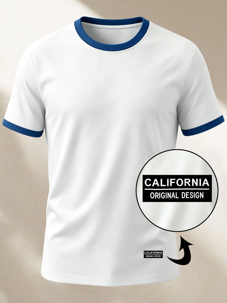 100% Cotton Men's Knitted Color-Block Crew Neck Patched T-Shirt, Summer All-Season Base Layer, Factory-Made for Men, Comfortable, High Quality, High Fit Rate, Casual Sportswear with Contrast Hem and Patch Appliqué - White with Blue ZZ011