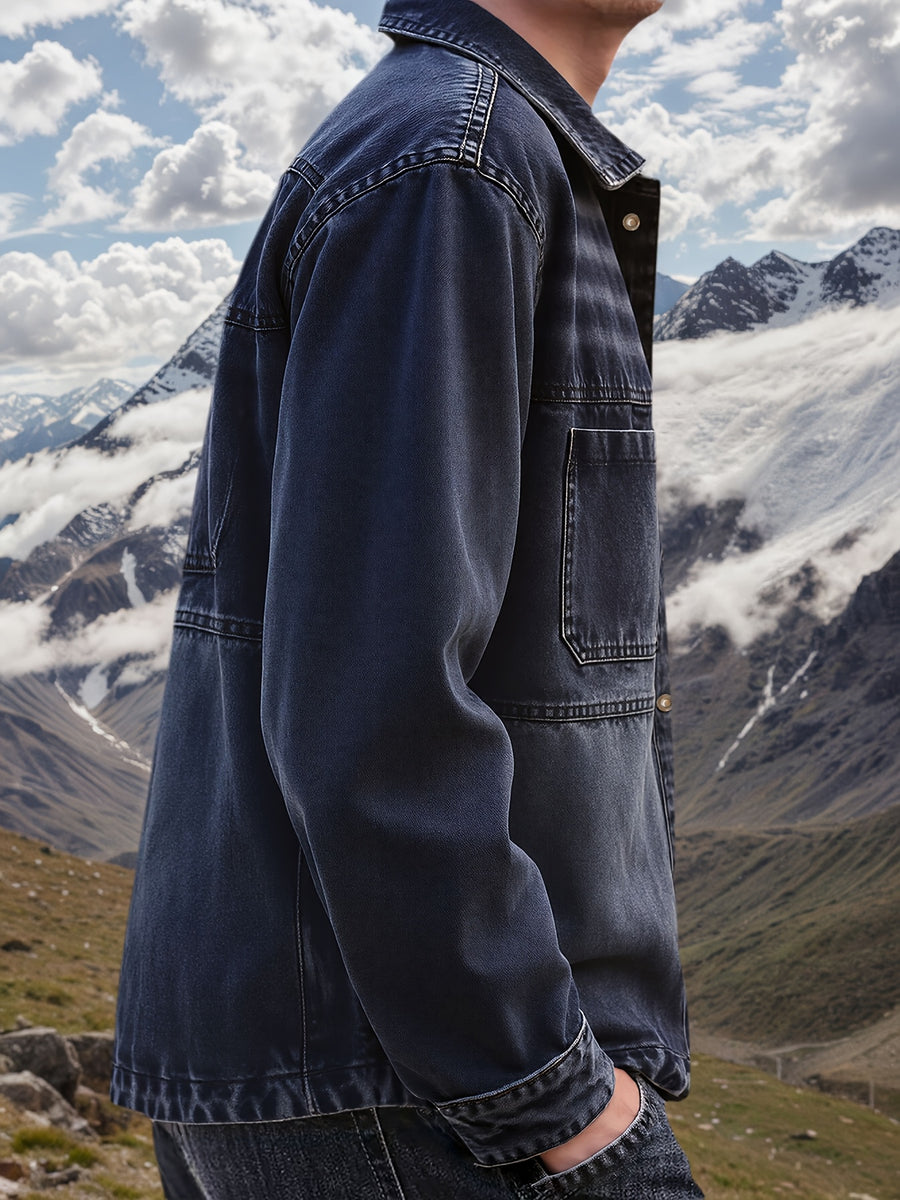 Men's Casual Denim Shirt, Spring and Autumn Fashion Denim Jacket, Blue Washed Denim Shirt, Collegiate Style, Adult Sizes - Peacock Blue