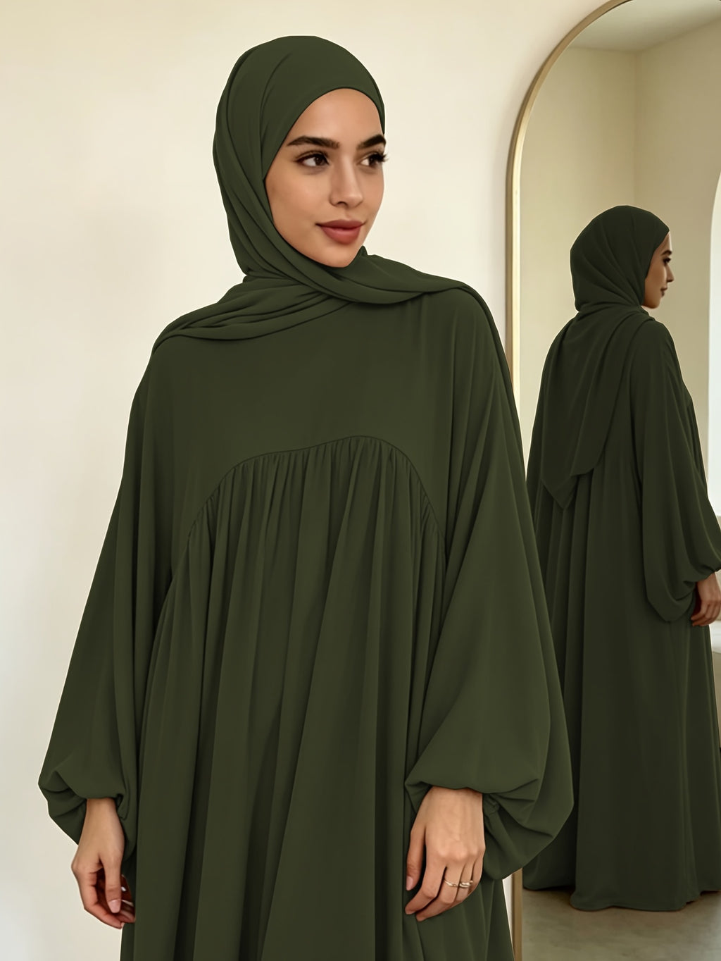 Modest Gathered Waist Maxi Dress, Loose Fit Balloon Long Sleeve Dress with Elastic Cuffs for Daily Wear - Military green1