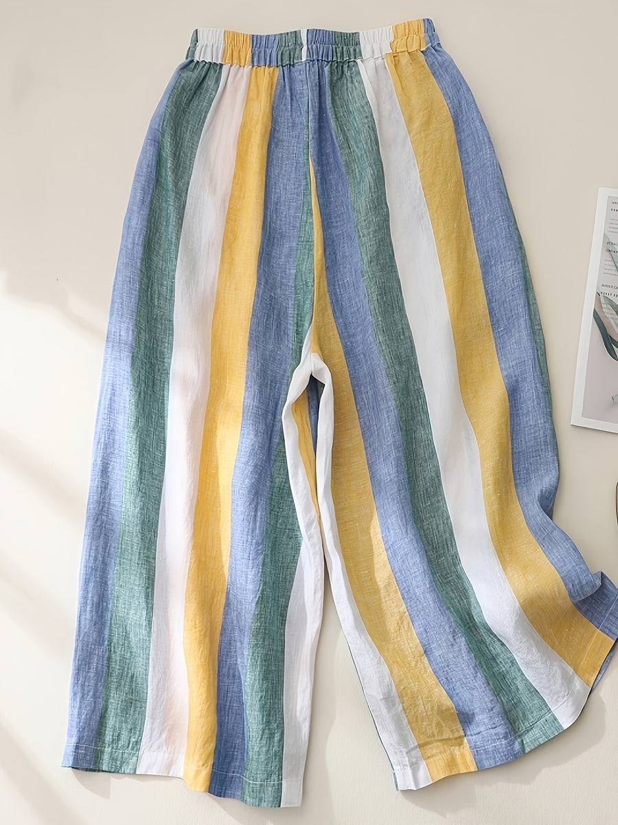 Colorful Striped Wide-Leg Pants for Women - Flowy Spring/Summer New Arrival - Elegant - Pants, Loose-Fit Color-Blocked Breathable Women's Clothing - Multicolor