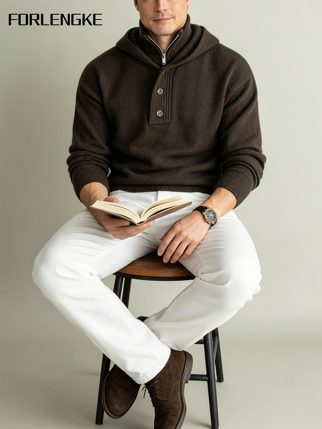 FORLENGKE Men'S Urban Wandering Commuter Style Hooded Half-Zip Knit Sweater, Adjustable Hood with Buckle, Heavy Knit for Temperature Fluctuations, Comfortable for Long Sitting, Suitable for Commuting, Exhibitions, Cafes, Social Gatherings - Coffee Color