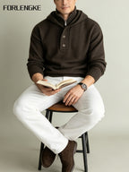 FORLENGKE Men'S Urban Wandering Commuter Style Hooded Half-Zip Knit Sweater, Adjustable Hood with Buckle, Heavy Knit for Temperature Fluctuations, Comfortable for Long Sitting, Suitable for Commuting, Exhibitions, Cafes, Social Gatherings - Coffee Color