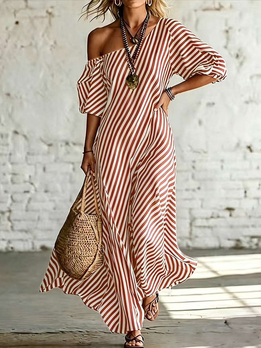 Women'S Elegant Asymmetrical Shoulder Stripe Long Dress, Summer Bohemian Vacation Loose Short Sleeve Maxi Skirt - Red