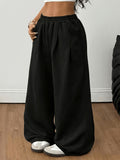 Plus Size, Plus Size Women's High-Waisted Wide-Leg Sweatpants - Elastic Waist Straight-Leg Pants with Smock/Pocket Style, Smock/Pocket Detailing & Vertical Pleats, Loose-Fit for,, Casual Wear, Machine Washable (Multiple Sizes Available) - Black