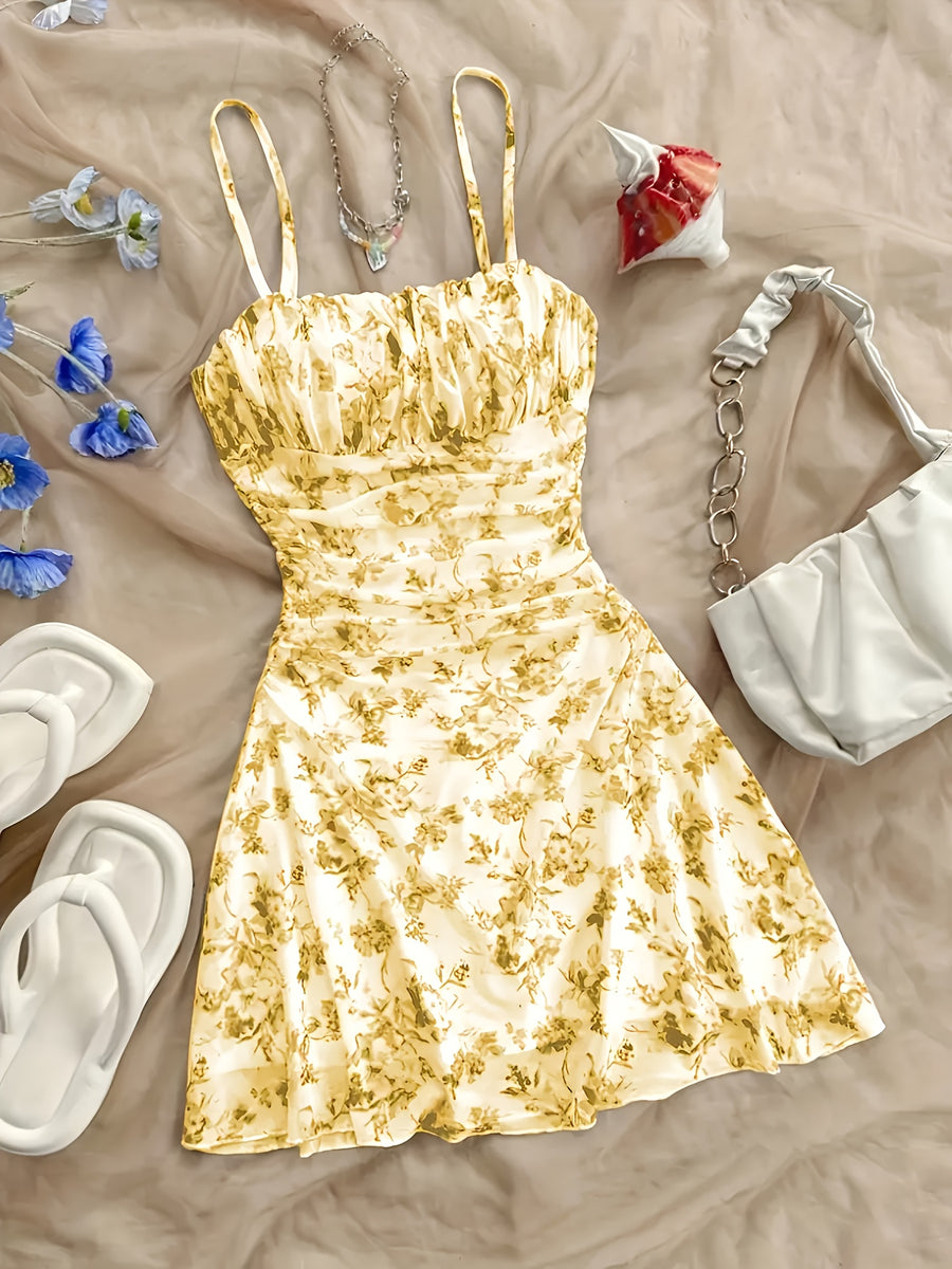 Women'S New Floral Print Halter Dress, Fashionable And Elegant, All-Season Wear - Lemon Yellow