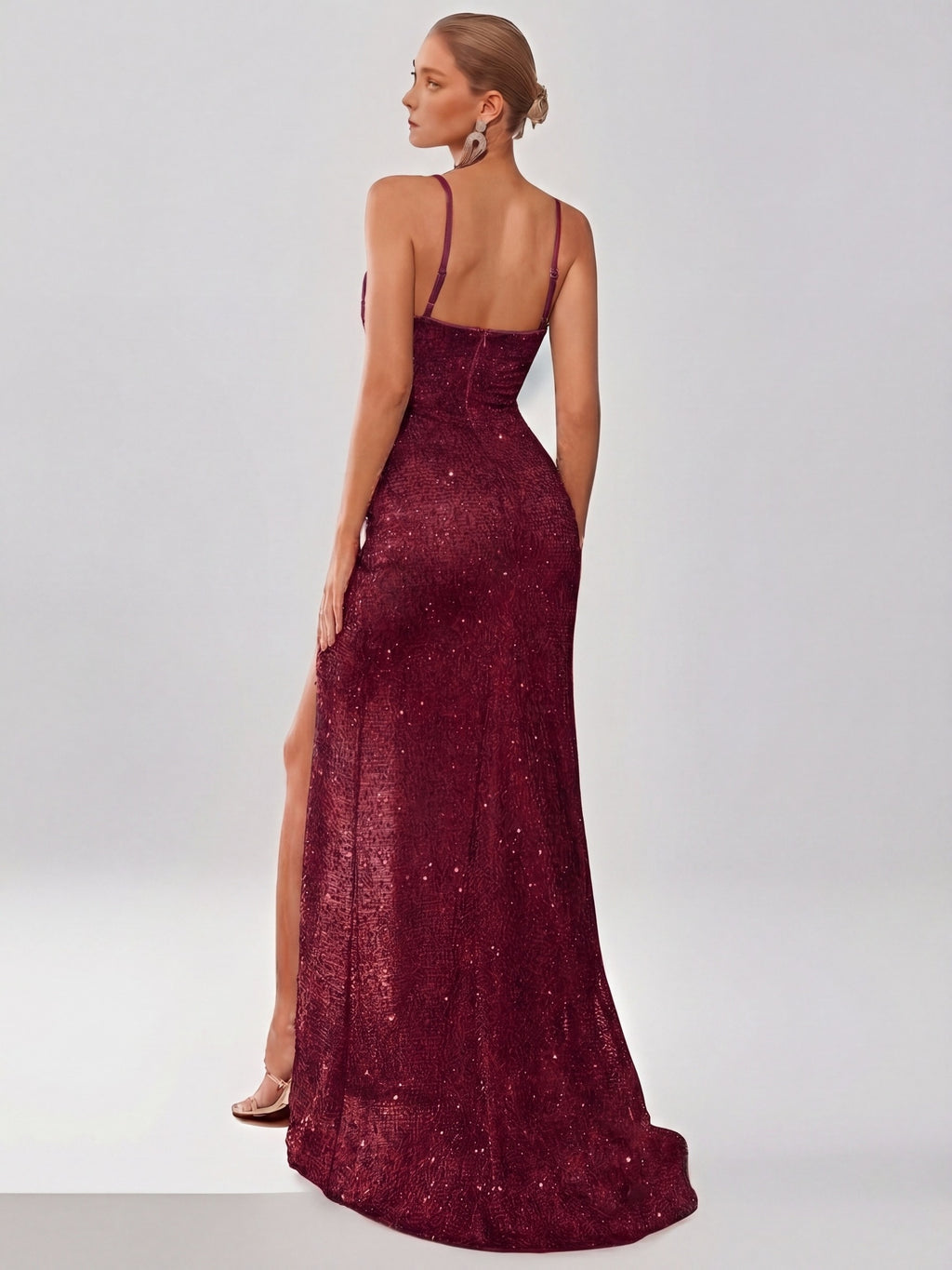 Sparkly Sequin Off-The-Shoulder Camisole Pleated Dress, Elegant Split Thigh Draped Side Slim Evening Dress, for Parties And Banquets, Wedding Nights, Proms, Date Night Dinners, Fashionable Elegant Performance Attire - Burgundy