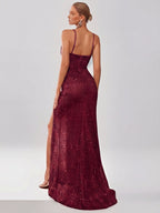 Sparkly Sequin Off-The-Shoulder Camisole Pleated Dress, Elegant Split Thigh Draped Side Slim Evening Dress, for Parties And Banquets, Wedding Nights, Proms, Date Night Dinners, Fashionable Elegant Performance Attire - Burgundy