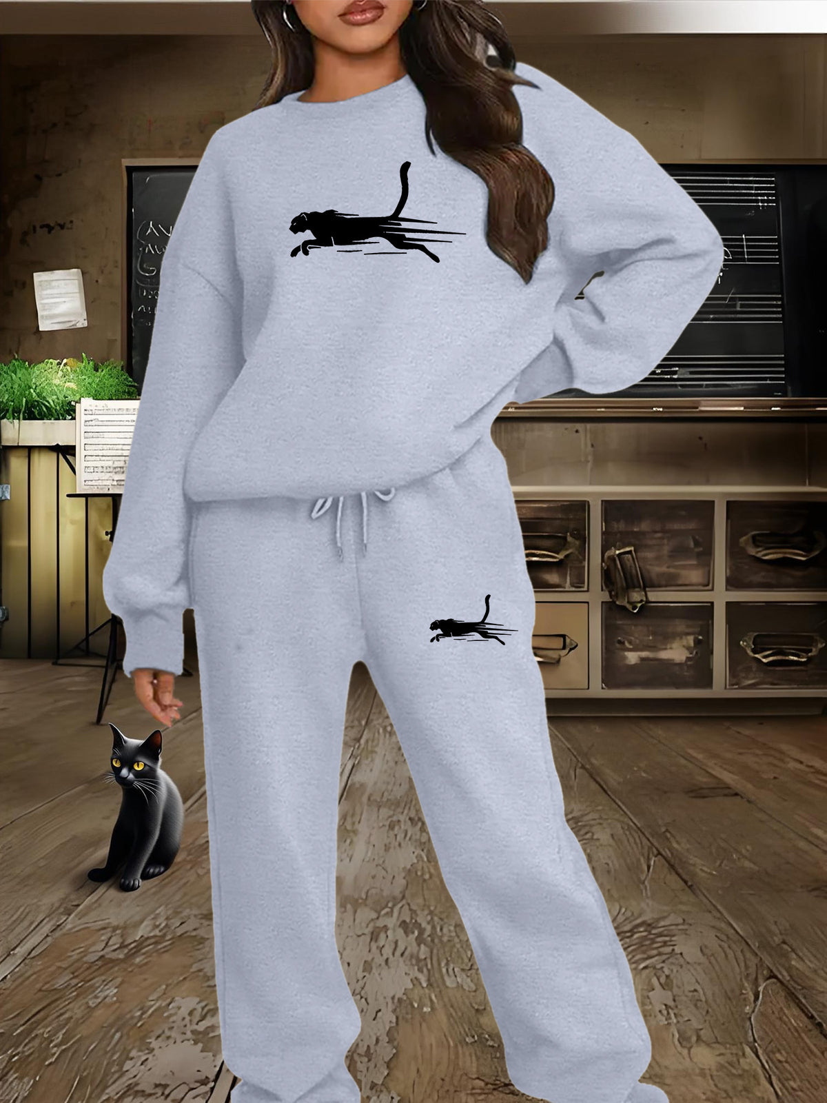 Women'S Casual Fleece-Lined Sweatshirt with a Round Neck And Matching Elastic Sports Pants Featuring a Leopard Print Design, Perfect for Autumn And Winter - Light Grey
