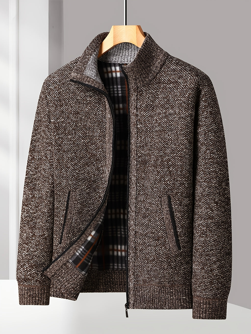 Easy And Casual Men'S Thick Knitted Cardigan, Autumn And Winter Stand Collar Zipper Top Classic Basic Style with Practical Double-Sided Pockets, Basic Style for Daily Wear of Young And Middle-Aged People - Coffee Brown