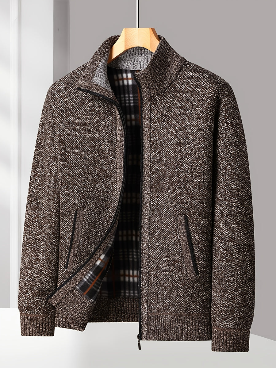 Easy And Casual Men'S Thick Knitted Cardigan, Autumn And Winter Stand Collar Zipper Top Classic Basic Style with Practical Double-Sided Pockets, Basic Style for Daily Wear of Young And Middle-Aged People - Coffee Brown