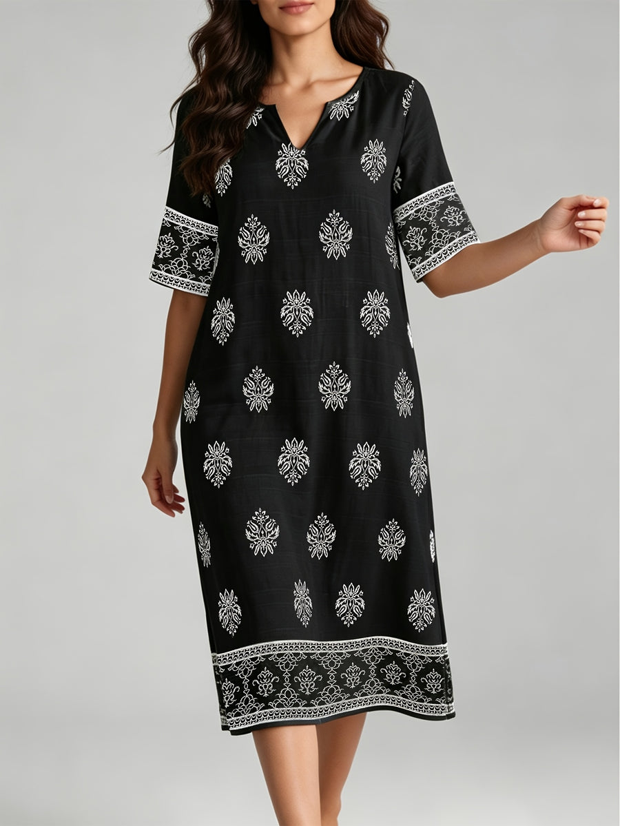 V-neck Short-sleeve Ethnic Print Dress with Slit Hem, Holiday Travel Beach Dress - Black
