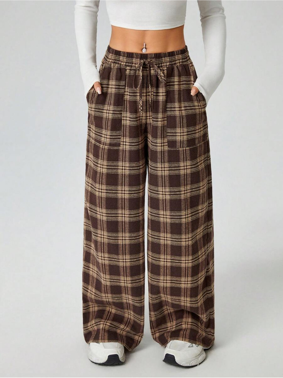 PETITE Women'S Autumn Winter Plaid Wide Leg Pants with Pockets - Brown