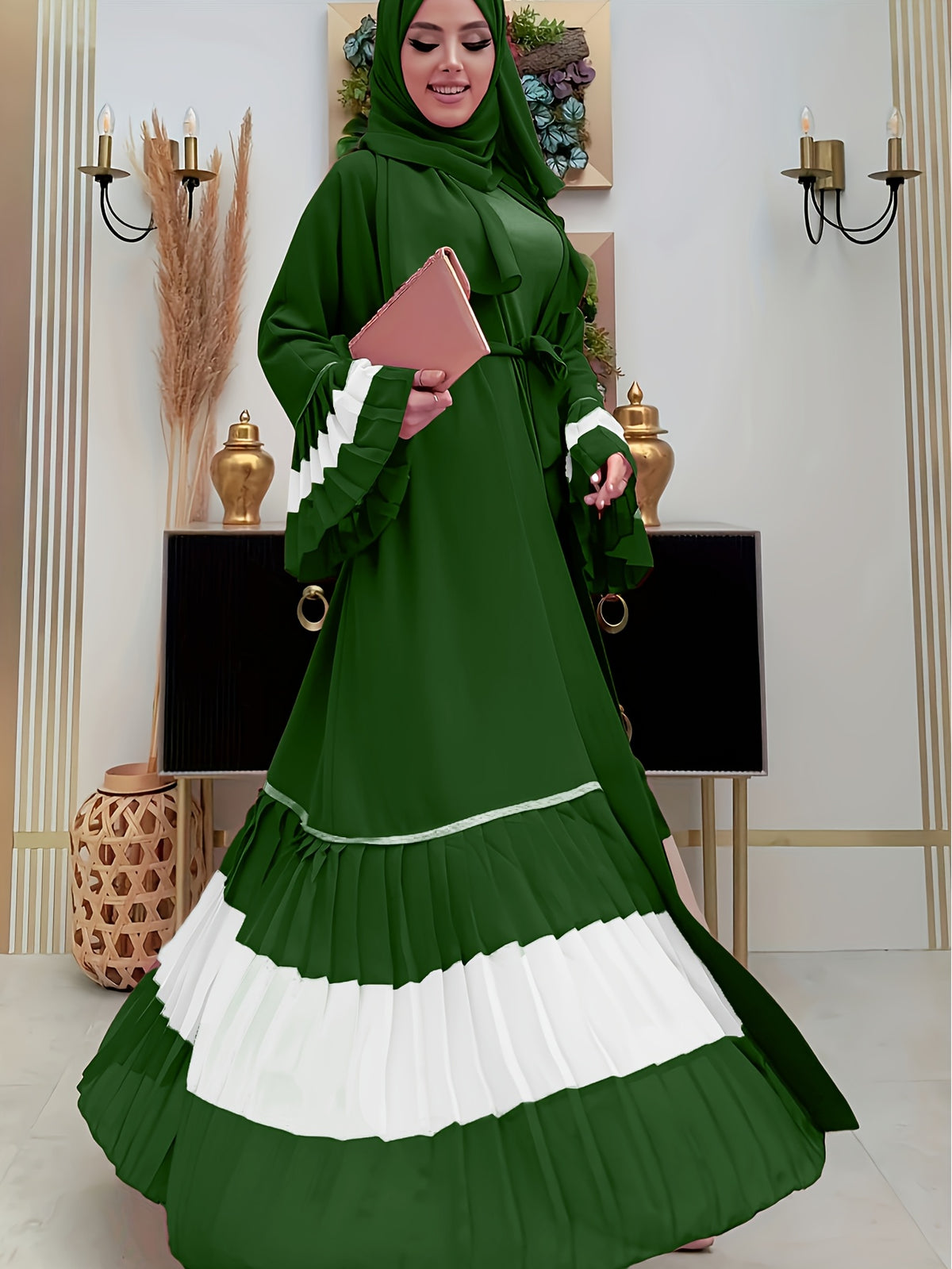 Ramadan 2025 Middle East Cross-border Women's Casual Color-block Pleated Muslim Abaya Open Cardigan - fern green
