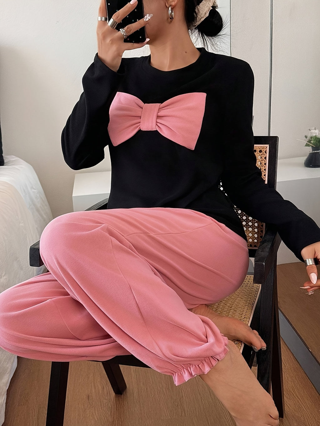 Women's Long-Sleeve Pajama Set with Contrast Color 3D Bow and Ruffle Trim - Fabric Loungewear - Mixed colors