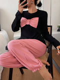 Women's Long-Sleeve Pajama Set with Contrast Color 3D Bow and Ruffle Trim - Fabric Loungewear - Mixed colors
