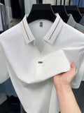 Men'S Seamless Short-Sleeved Polo, Summer Color-Block Ruffled Collar, Breathable Iron-Free Business Solid Color Casual Shirt - White