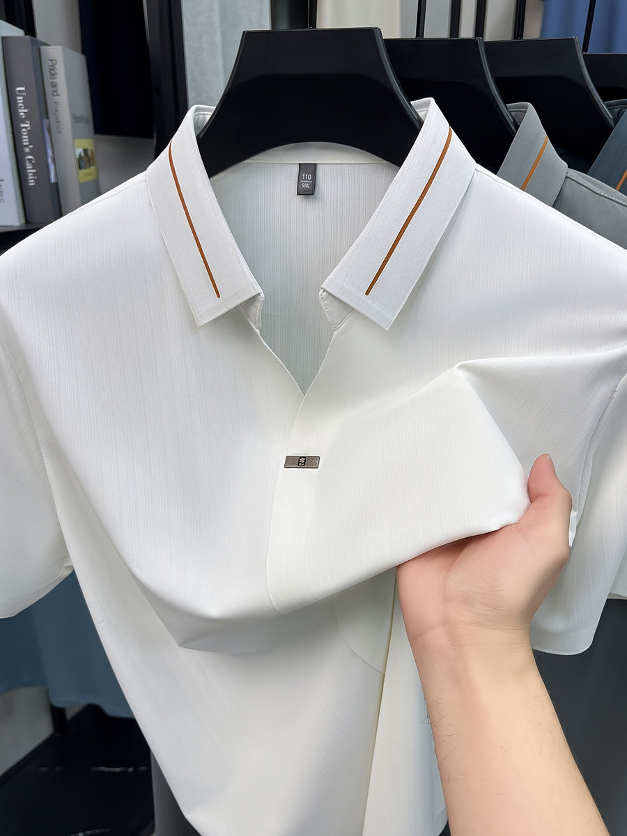Men'S Seamless Short-Sleeved Polo, Summer Color-Block Ruffled Collar, Breathable Iron-Free Business Solid Color Casual Shirt - White