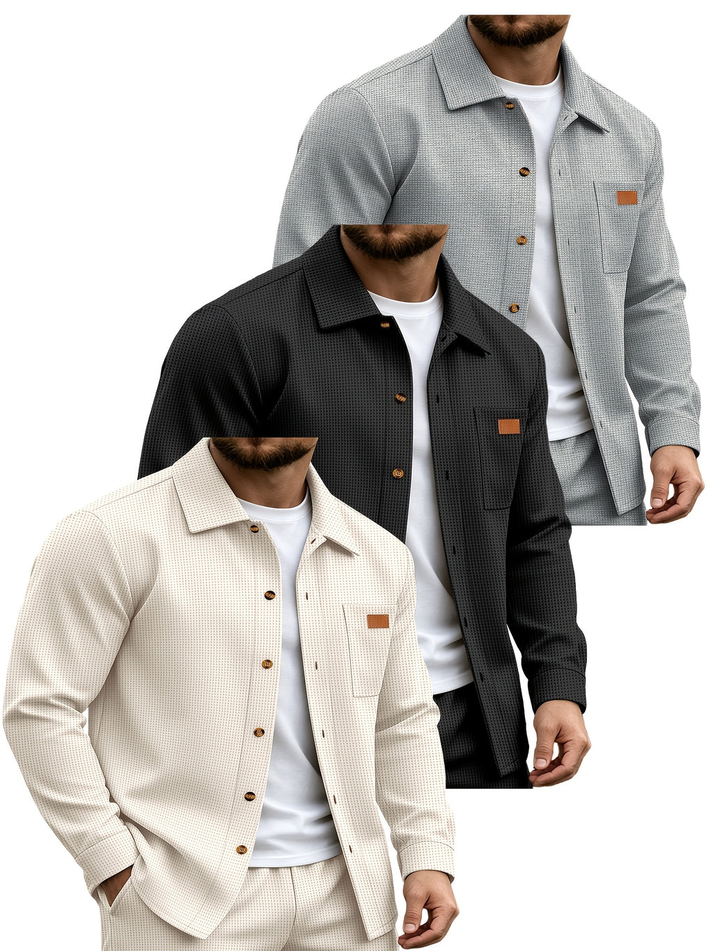 Men'S 3pcs Long Sleeve Shirt Set, Contrast Collar Faux Pocket Pullover Top, Casual Slim Fit Spring Autumn Daily Wear Shirt, Men'S Multi-Piece Outdoor Business Casual Attire - Mixed Color 4